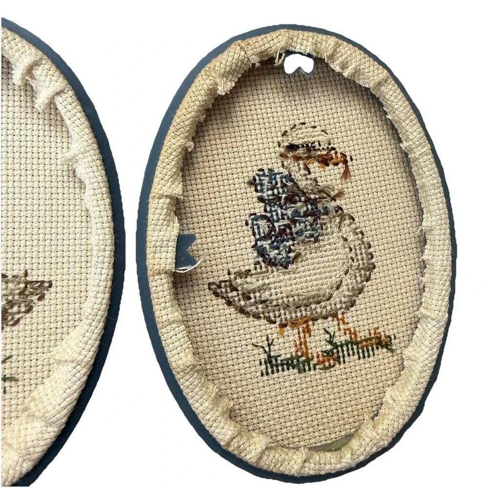 Vintage Hand Embroidered Country Goose Wall Art‎ Blue Frame Cottagecore Decor